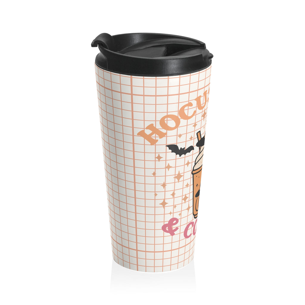 Halloween "Hocus Pocus & Coffee" Gingham Check Pattern Stainless Steel Travel Mug | Cozy Fall Pumpkin Latte Vibe