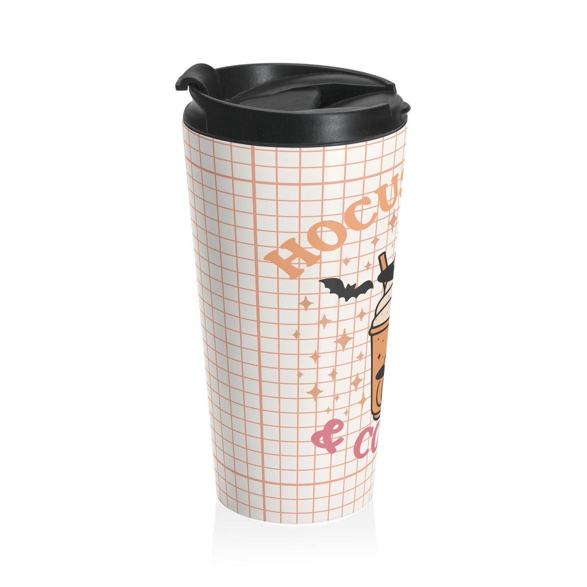 Halloween "Hocus Pocus & Coffee" Gingham Check Pattern Stainless Steel Travel Mug | Cozy Fall Pumpkin Latte Vibe