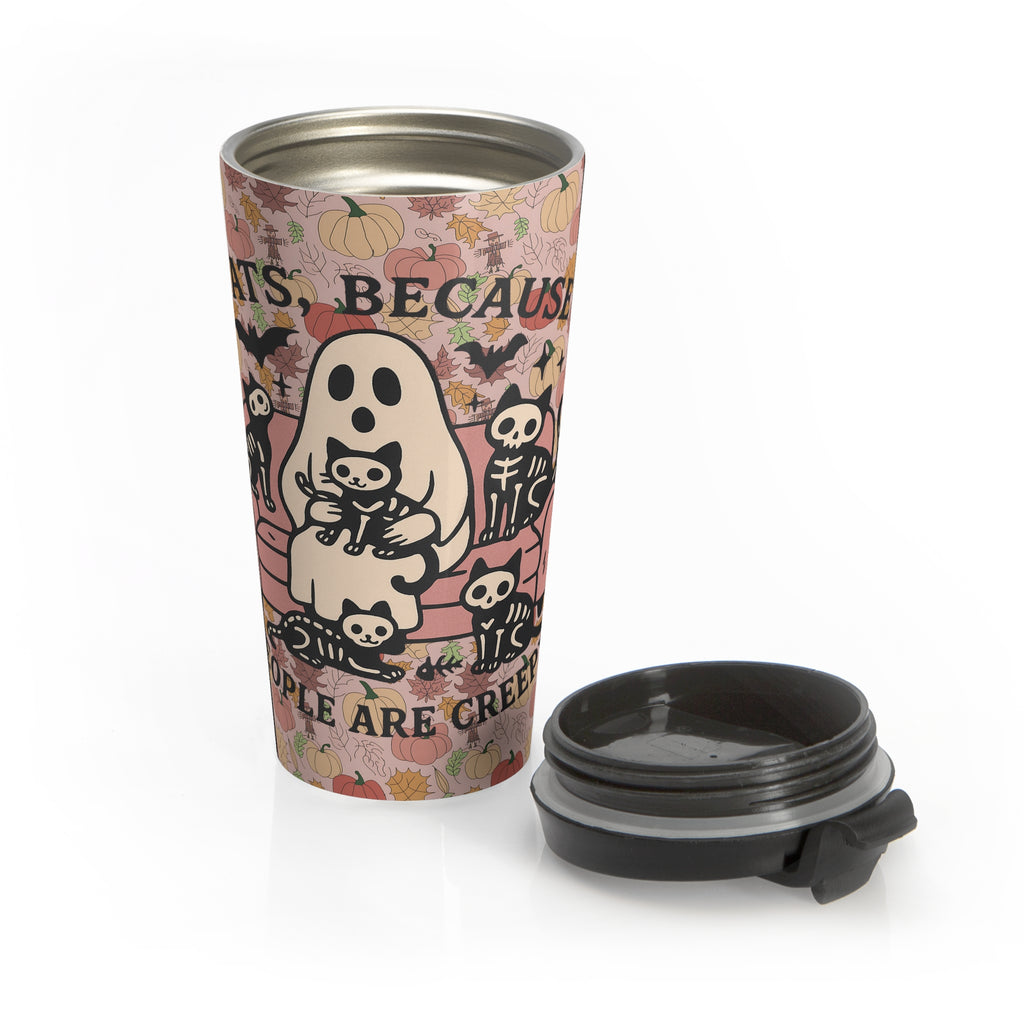Spooky Fall Cat Lovers Travel Mug: Fun Halloween Ghost & Pumpkin Design, Perfect for Coffee Lovers