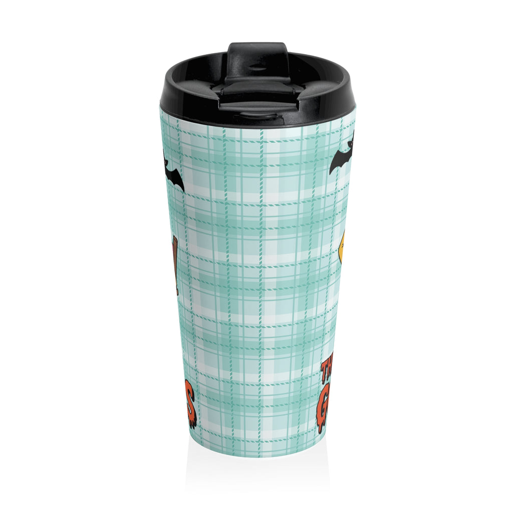 Funny Halloween "The Golden Ghouls" Cyan Plaid Travel Mug with Skeleton Design - Perfect for Halloween, Gifts, Coffee Lovers