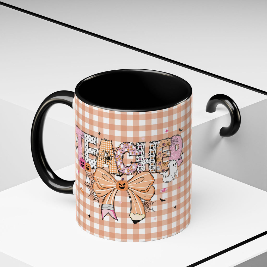 This Teacher Runs on Coffee & Halloween Candy, Cozy Plaid Quilt Style Letters Coffee Cup, Gift for Teacher Appreciation, Back to School