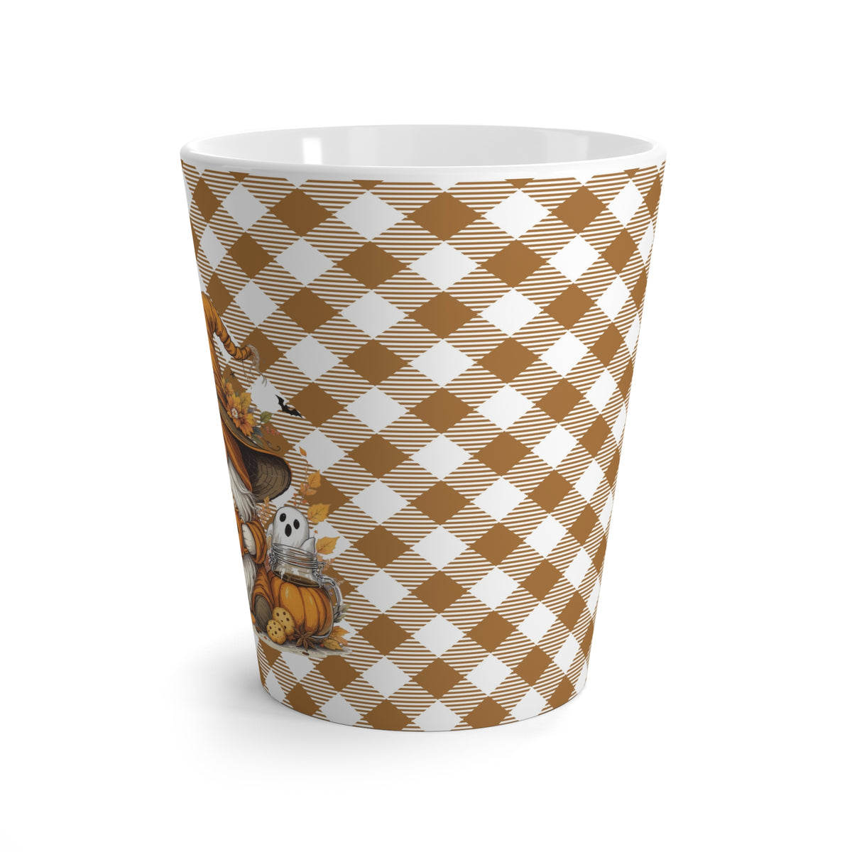 Fall Gnome Brown Plaid Latte Mug - Cozy Pumpkin Decor, Autumn Coffee Cup, Halloween Gift, Seasonal Drinkware, Thanksgiving