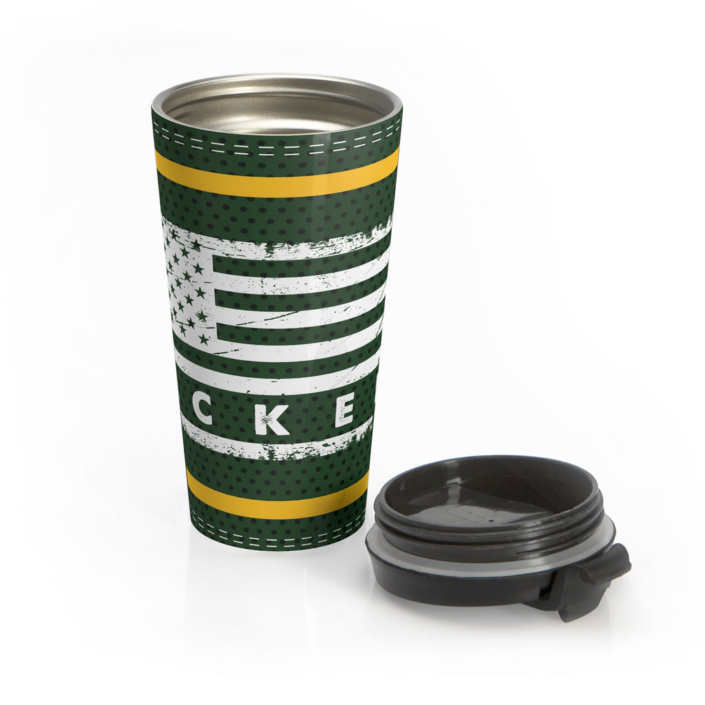 Green Bay Packers Fan Stainless Steel Travel Mug, US Flag Design, Football Jersey Pattern, Gift for Football Lover,