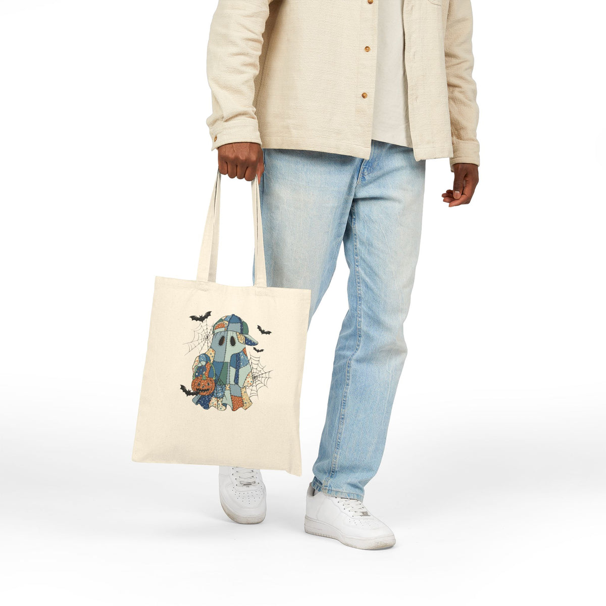 Spooky Cute Patchwork Ghost, Happy Halloween Bruh Tote Bag - Trick or Treat Bag, Eco-Friendly Cotton, Reusable Bag 15x16"