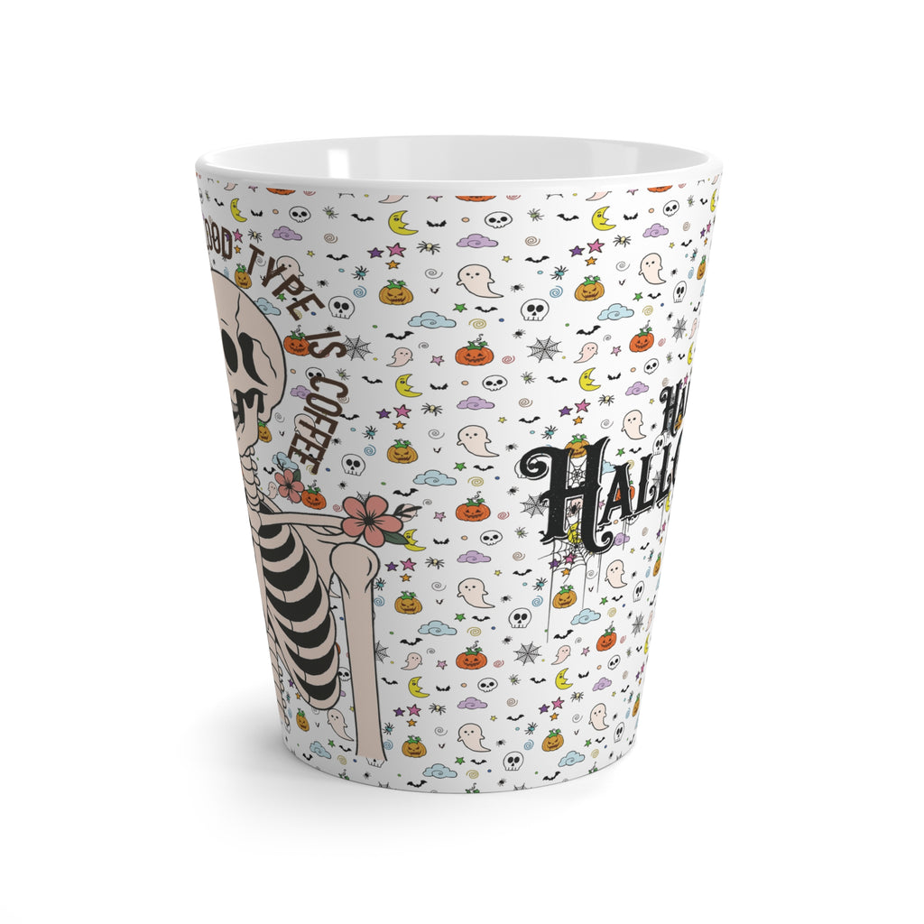 Spooky Funny Skeleton Latte Mug, "My Blood Type is Coffee" Halloween Coffee Cup, Unique Gift for Coffee Lovers