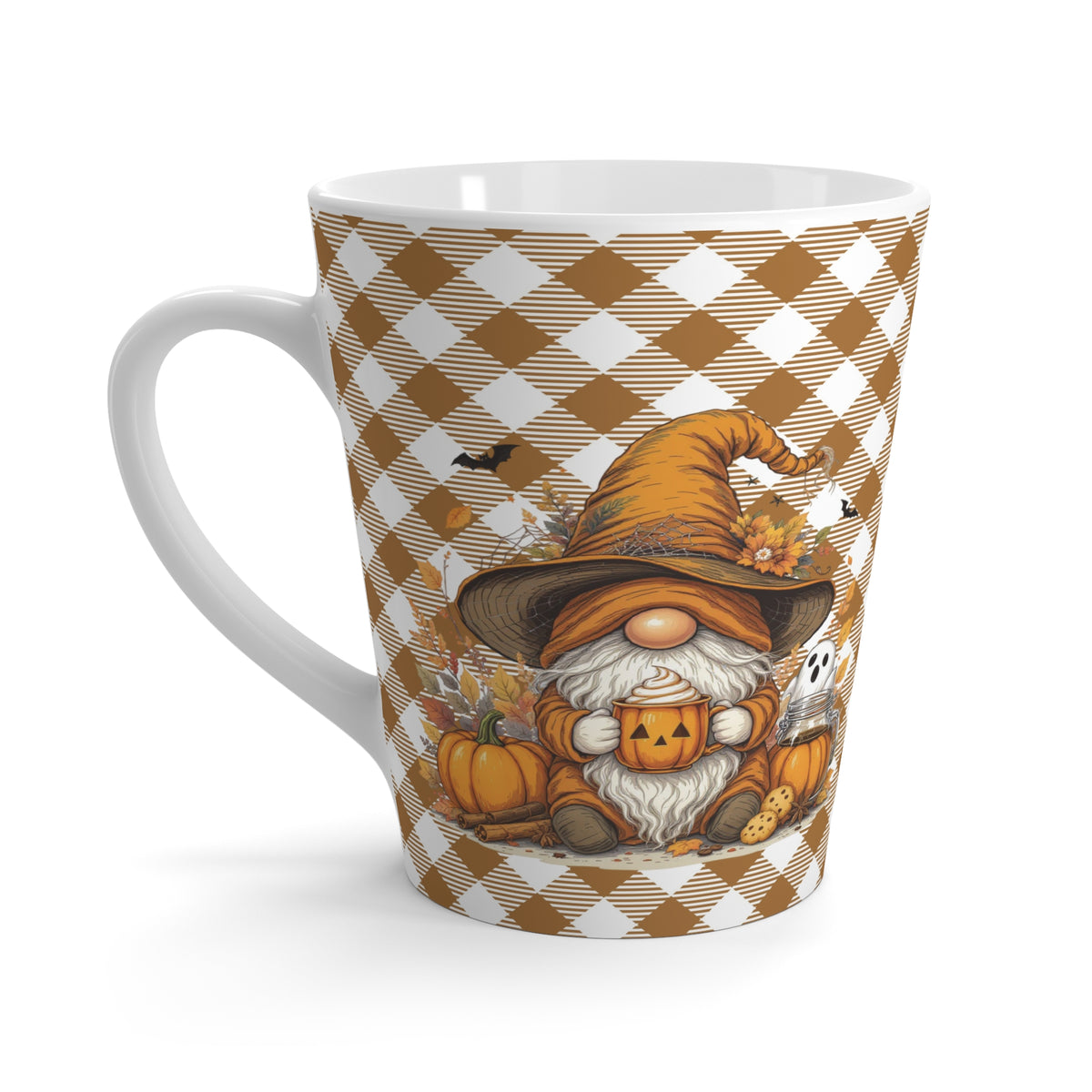 Fall Gnome Brown Plaid Latte Mug - Cozy Pumpkin Decor, Autumn Coffee Cup, Halloween Gift, Seasonal Drinkware, Thanksgiving