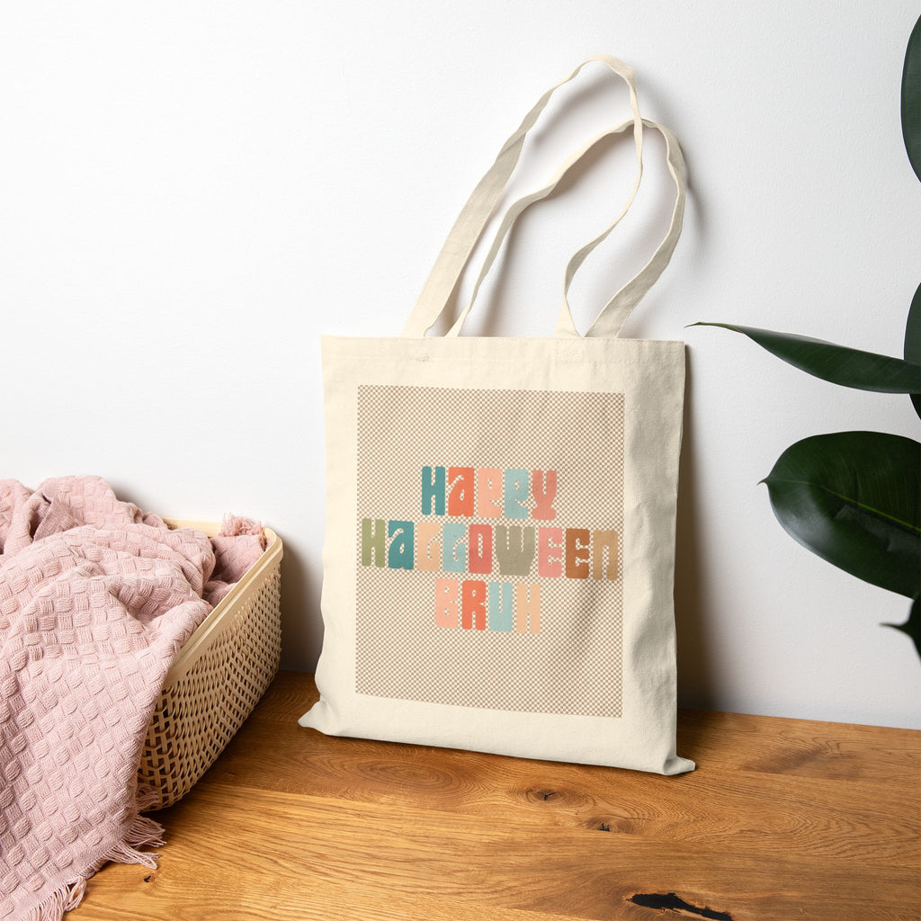 Spooky Cute Patchwork Ghost, Happy Halloween Bruh Tote Bag - Trick or Treat Bag, Eco-Friendly Cotton, Reusable Bag 15x16"