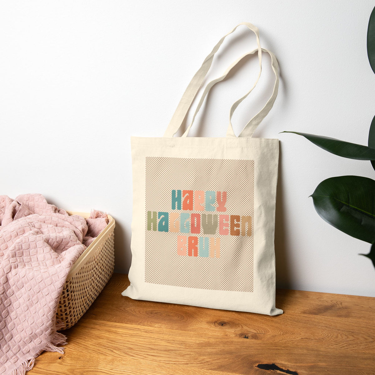 Spooky Cute Patchwork Ghost, Happy Halloween Bruh Tote Bag - Trick or Treat Bag, Eco-Friendly Cotton, Reusable Bag 15x16"