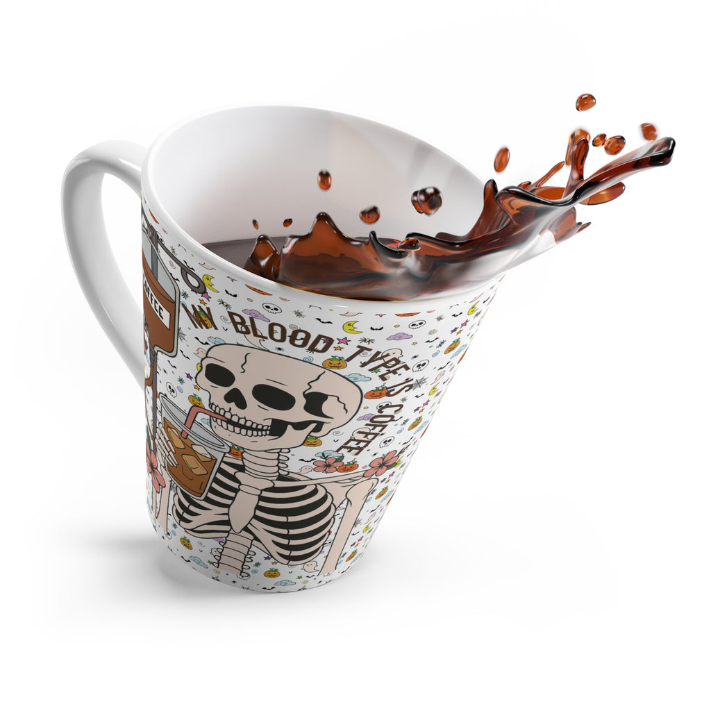 Spooky Funny Skeleton Latte Mug, "My Blood Type is Coffee" Halloween Coffee Cup, Unique Gift for Coffee Lovers