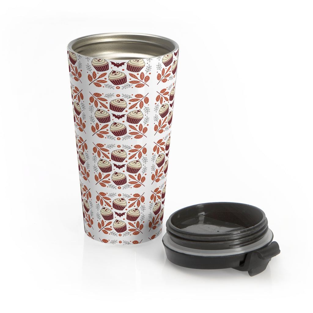 Whimsical Nordic Floral Cupcake Halloween Travel Mug, Hygge Coffee Lover Gift, Stainless Steel Travel Tumbler