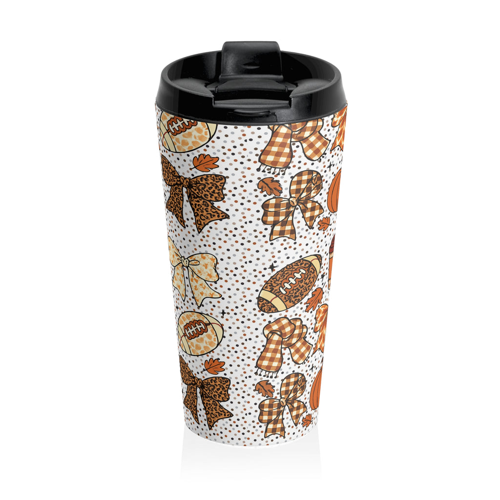 Fall Football Pumpkin Lattes Travel Mug, Stainless Steel Tumbler for Coquette Bow Fans, Autumn Wrap Around Cup, Gift Idea for Coffee Lovers,