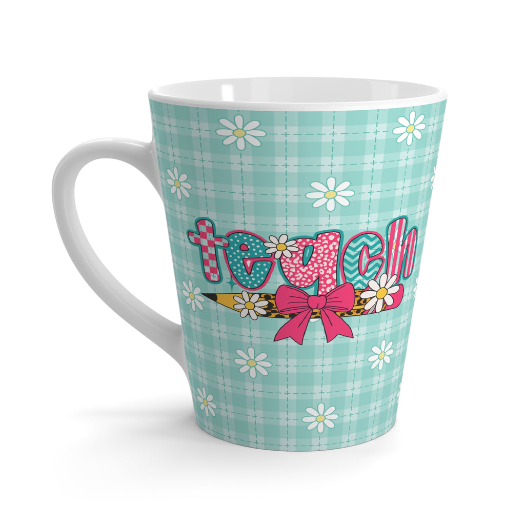 Flower Power Teacher Latte Mug - Cute Gift for Educators, Spring Decor, Coffee Lover, Daisy Floral Cyan Mug, Classroom Essentials