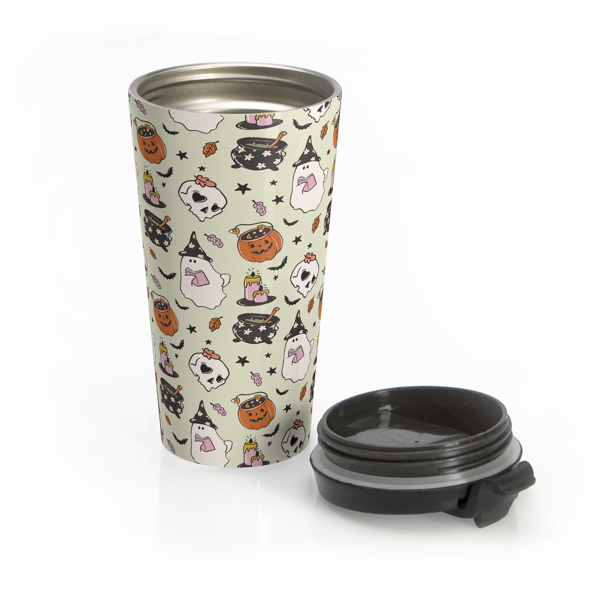 Halloween-Ghosts Wizards, Pumpkins Themed Travel Mug, Cute Ghosts and Pumpkins, Perfect for Fall Gifts, Spooky Season