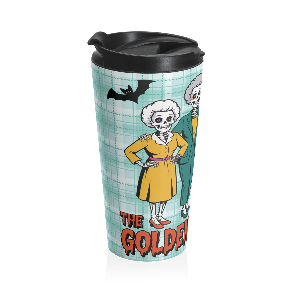Funny Halloween "The Golden Ghouls" Cyan Plaid Travel Mug with Skeleton Design - Perfect for Halloween, Gifts, Coffee Lovers