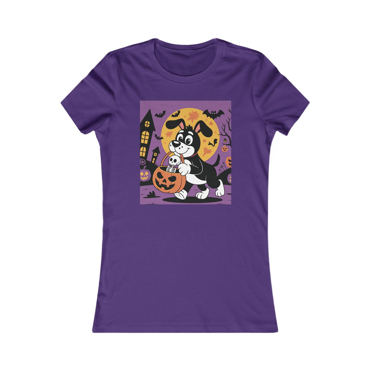 Halloween Women's Tee, Funny Dog with Halloween Bucket and Skeleton t-shirt, Spooky Ladies Shirt, Halloween Costume Top, Trick or Treat Tee