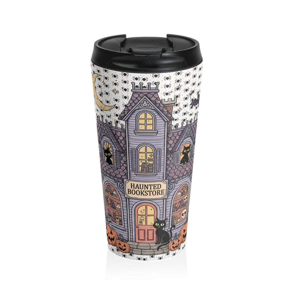Funny Halloween Haunted Bookstore Black Cat Stainless Steel Travel Mug, Halloween Gift, Spooky Travel Mug, Ghostly Travel Mug