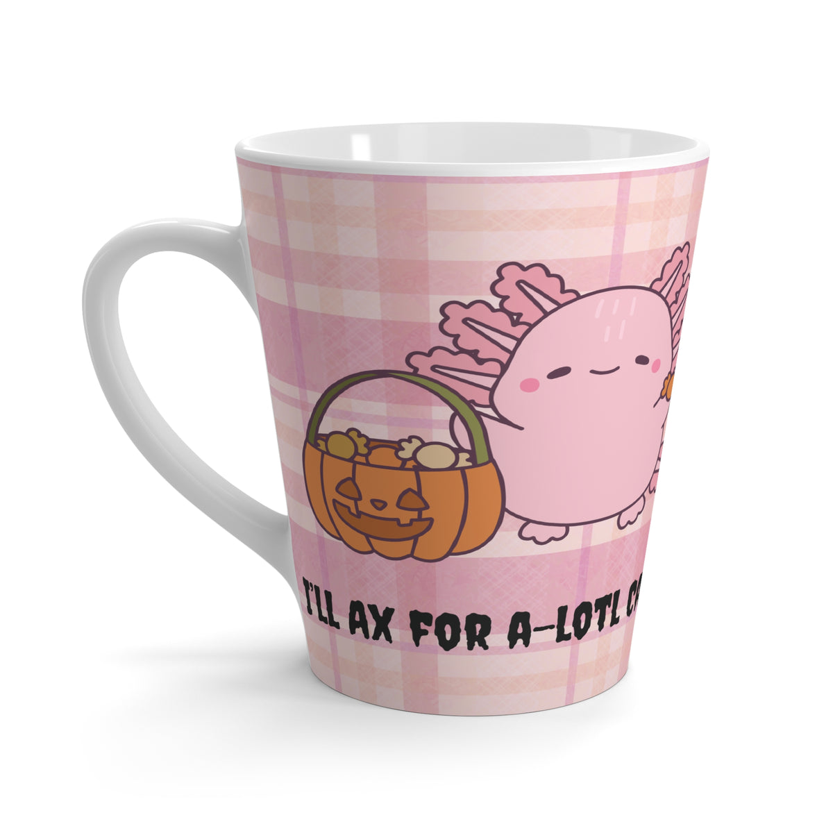 Cute Halloween Axolotl and Pink Plaid Latte Mug, Perfect for Cozy October Mornings