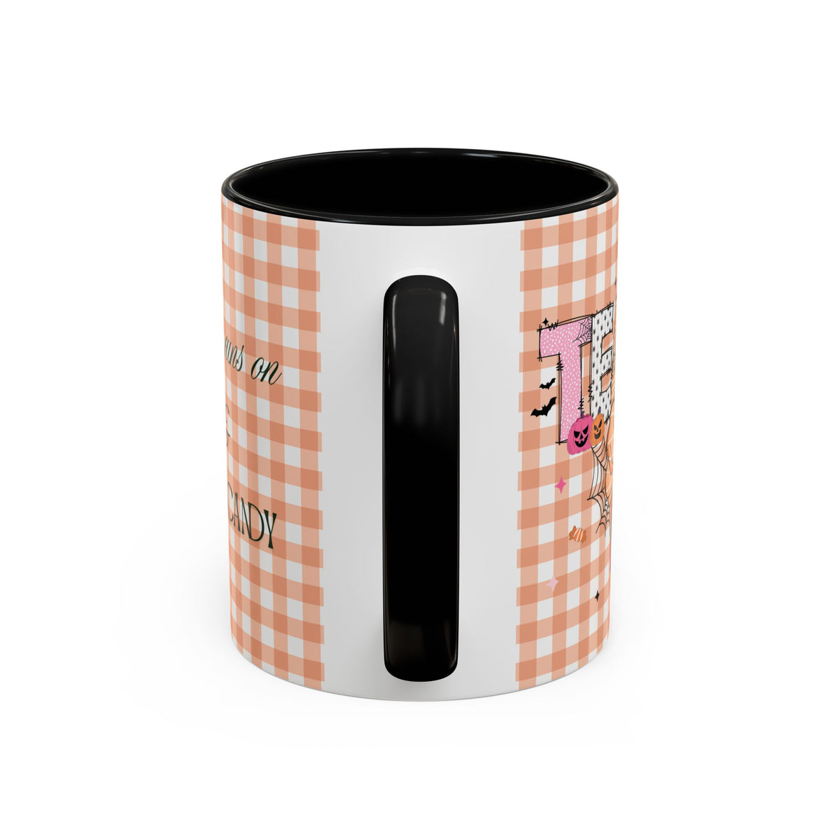 This Teacher Runs on Coffee & Halloween Candy, Cozy Plaid Quilt Style Letters Coffee Cup, Gift for Teacher Appreciation, Back to School