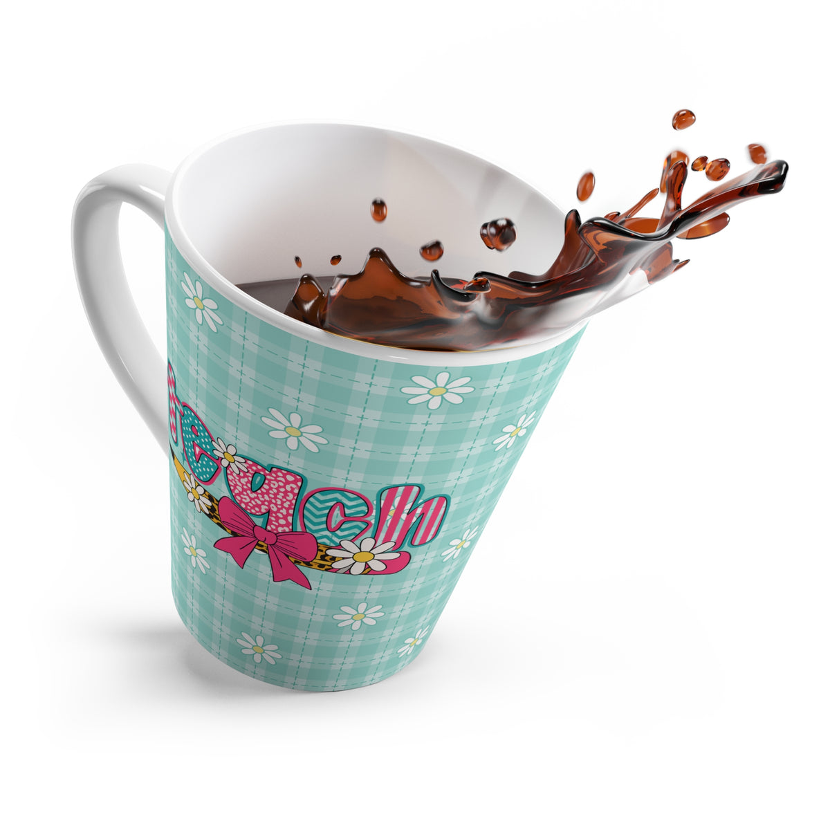 Flower Power Teacher Latte Mug - Cute Gift for Educators, Spring Decor, Coffee Lover, Daisy Floral Cyan Mug, Classroom Essentials