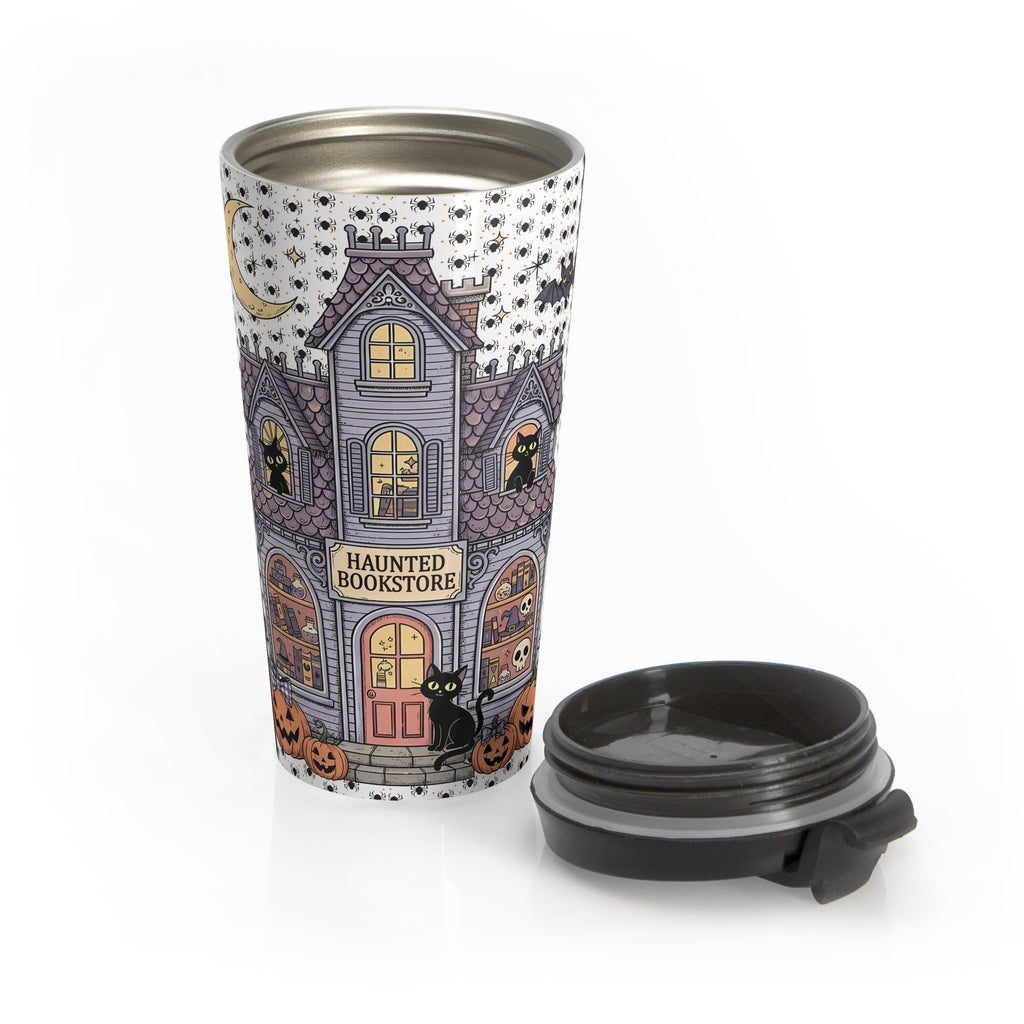 Funny Halloween Haunted Bookstore Black Cat Stainless Steel Travel Mug, Halloween Gift, Spooky Travel Mug, Ghostly Travel Mug