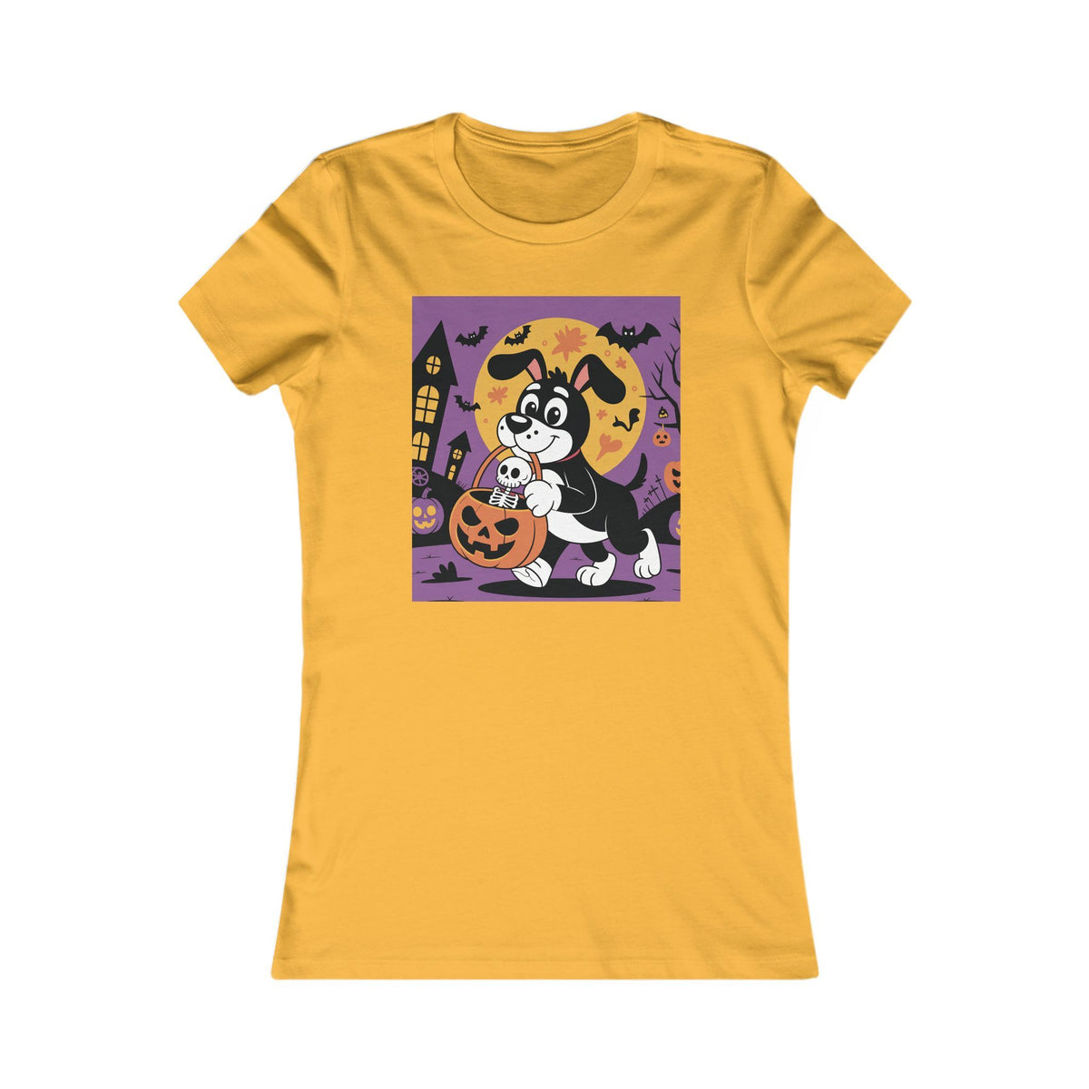 Halloween Women's Tee, Funny Dog with Halloween Bucket and Skeleton t-shirt, Spooky Ladies Shirt, Halloween Costume Top, Trick or Treat Tee