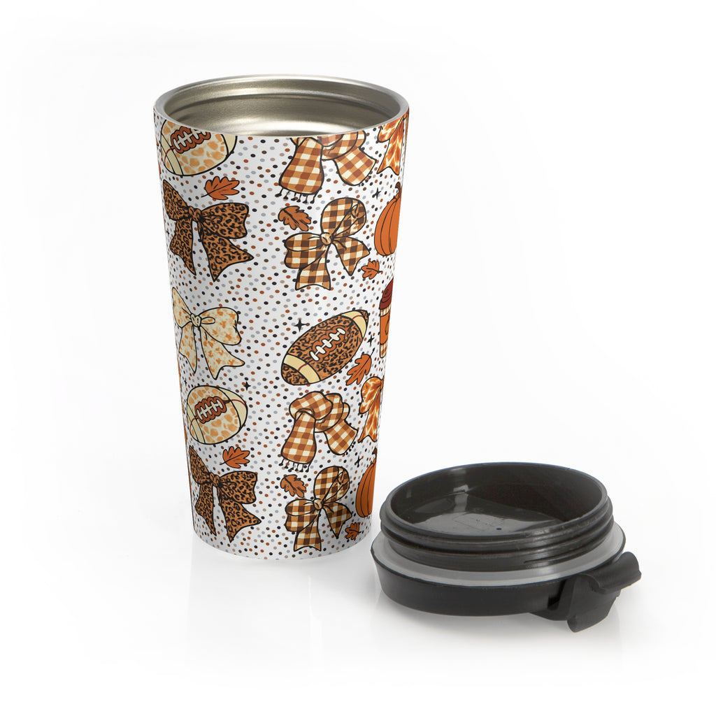Fall Football Pumpkin Lattes Travel Mug, Stainless Steel Tumbler for Coquette Bow Fans, Autumn Wrap Around Cup, Gift Idea for Coffee Lovers,