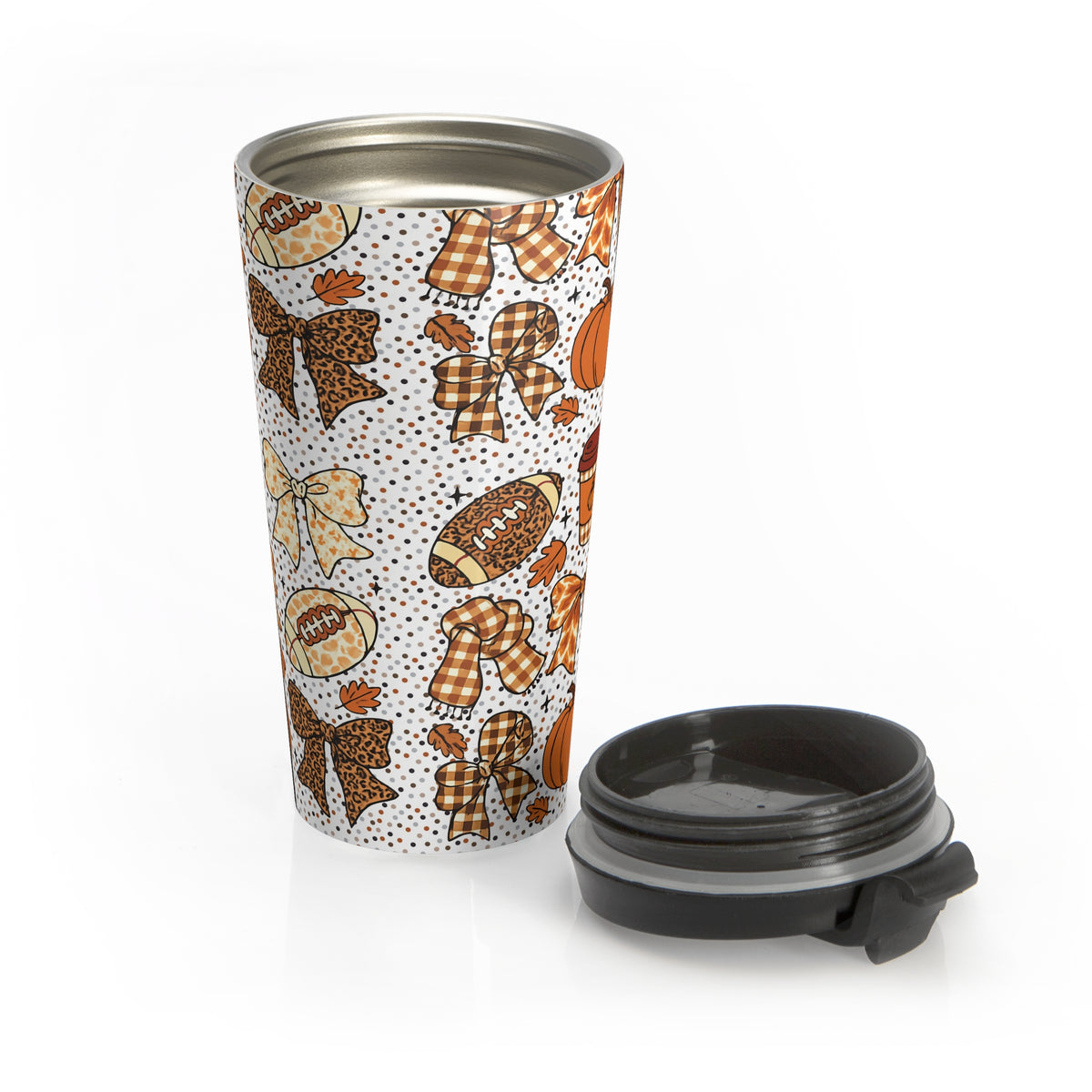 Fall Football Pumpkin Lattes Travel Mug, Stainless Steel Tumbler for Coquette Bow Fans, Autumn Wrap Around Cup, Gift Idea for Coffee Lovers,