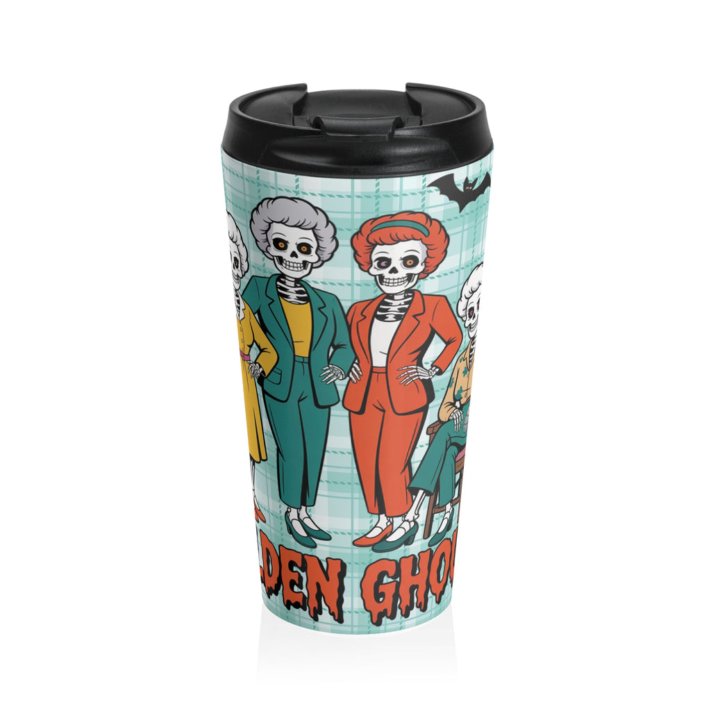 Funny Halloween "The Golden Ghouls" Cyan Plaid Travel Mug with Skeleton Design - Perfect for Halloween, Gifts, Coffee Lovers