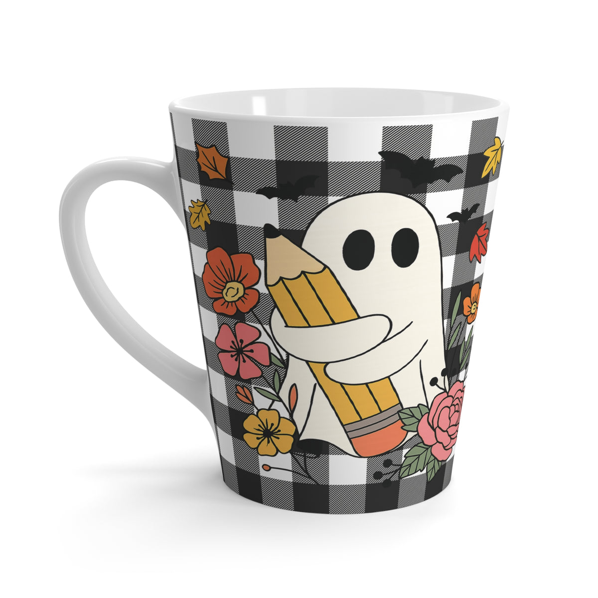 Charming School Ghost Latte Mug - Perfect for Fall, Halloween Decor, Gift for Coffee Lovers, Floral Spirit Design, Black and White Check