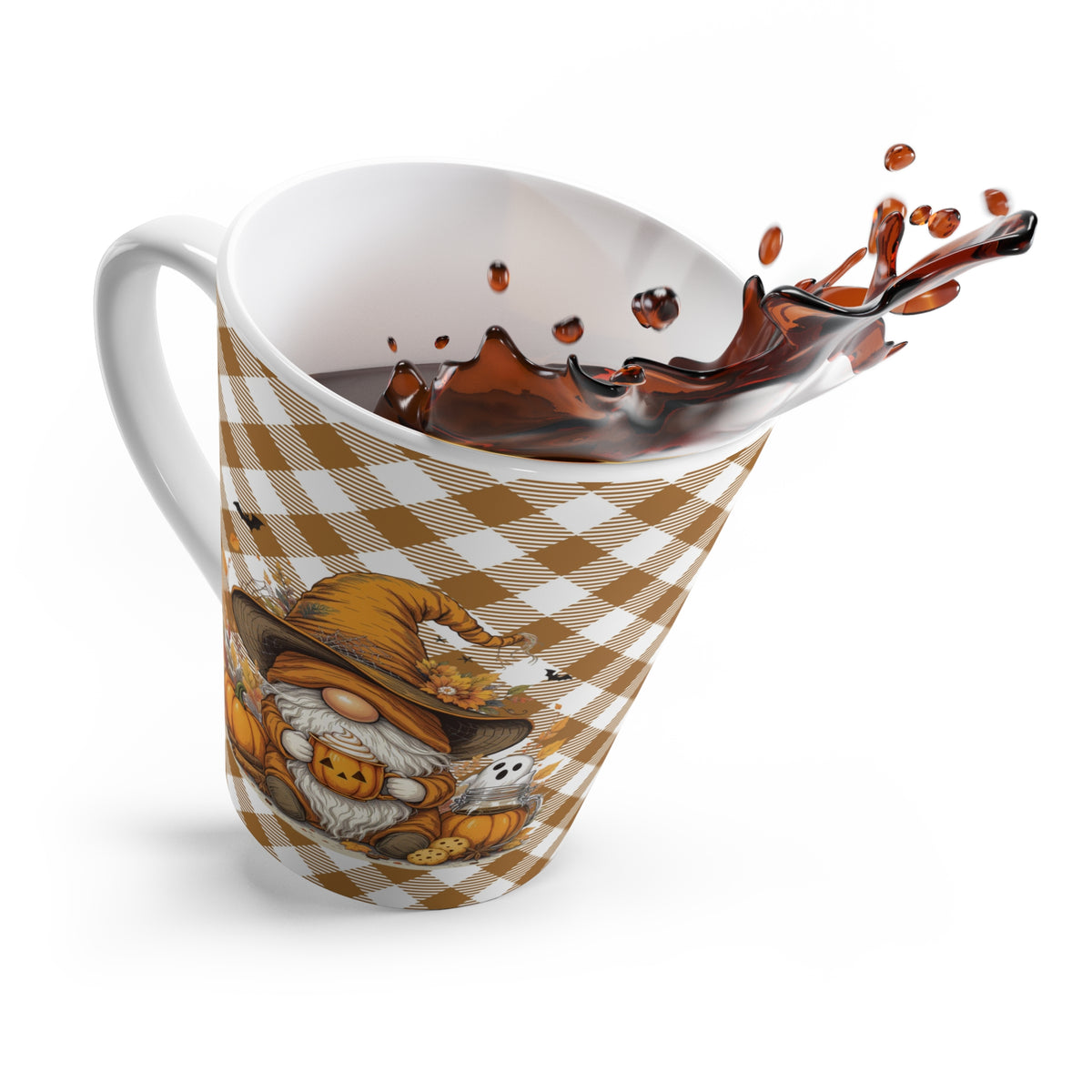 Fall Gnome Brown Plaid Latte Mug - Cozy Pumpkin Decor, Autumn Coffee Cup, Halloween Gift, Seasonal Drinkware, Thanksgiving