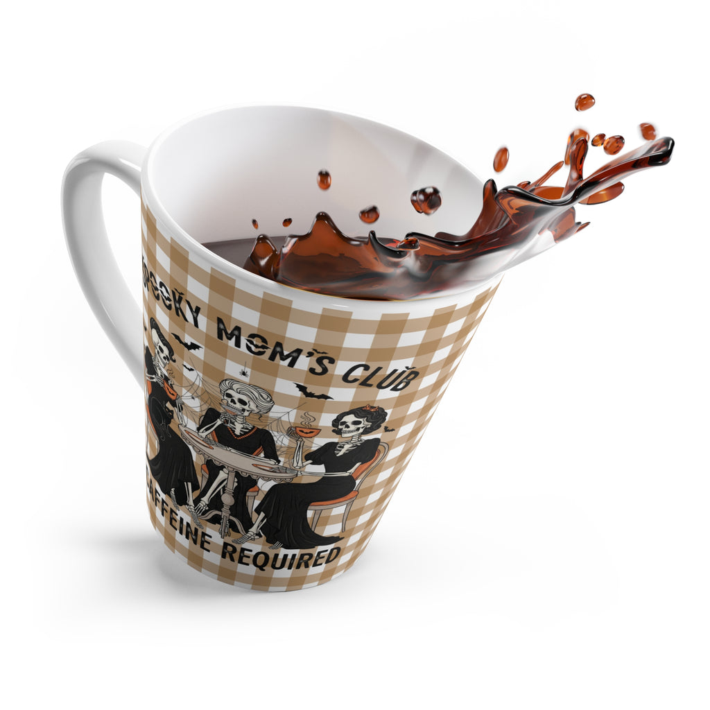 Spooky Mom's Club Latte Mug - Funny Skeleton Halloween Coffee Cup, Gift for Moms, Gingham Print, Caffeine Required