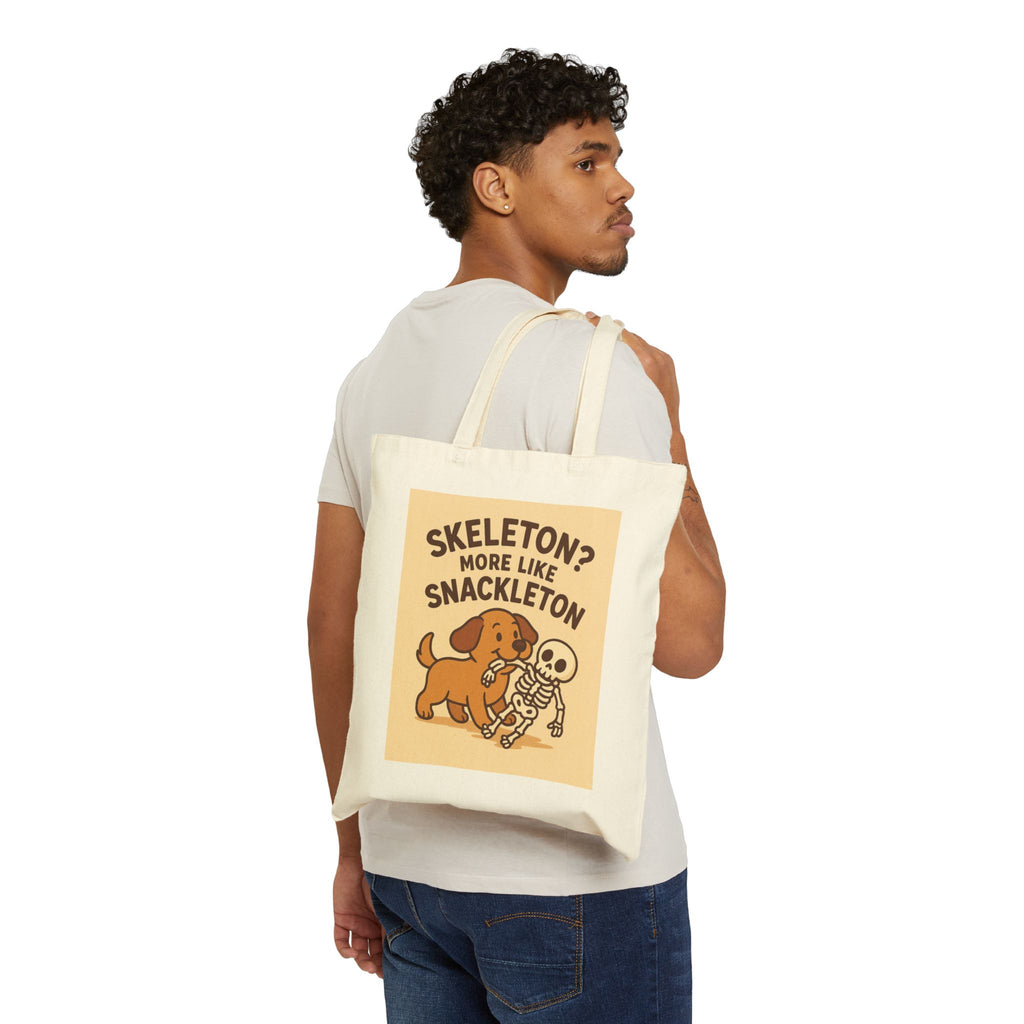 Funny Halloween Cotton Trick or Treat Tote Bag, Cute Dog & Skeleton Tote, Fall Shopping Bag, Spooky Season Accessory 15x16"