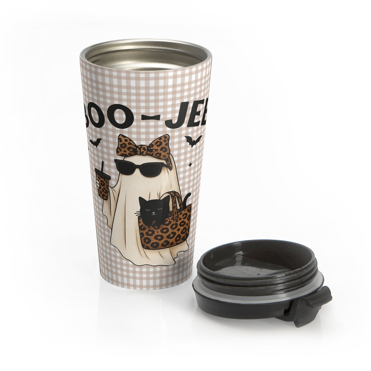 Halloween Ghost Stainless Steel Travel Mug, Cute Black Cat, Beige Leopard Bow, Fall Autumn Cup, Boo-Jee Coquette Tumbler, Trick or Treat
