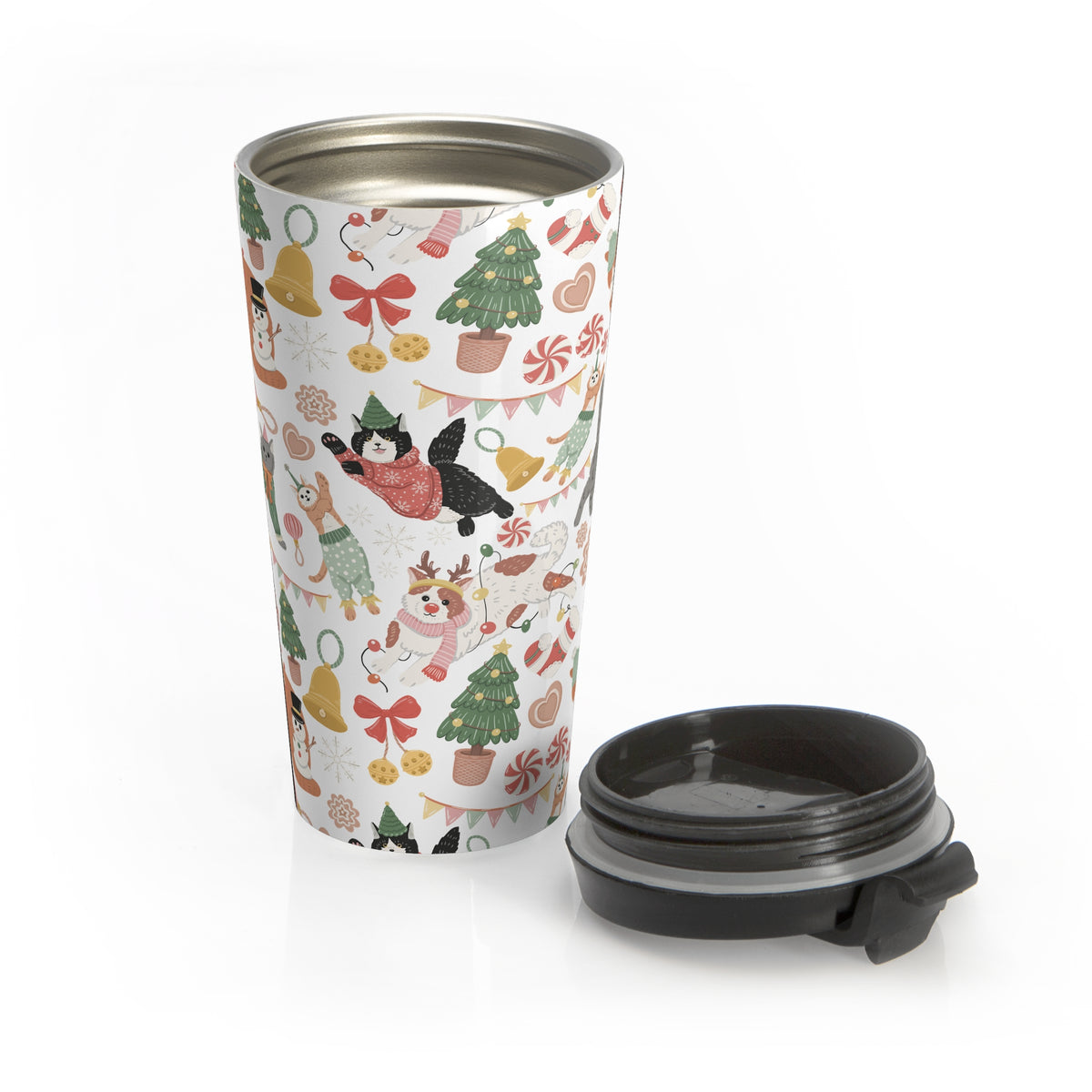 Christmas Cats Pajama Party Travel Mug | Winter Holiday Trees, Ornaments, Candy Cane