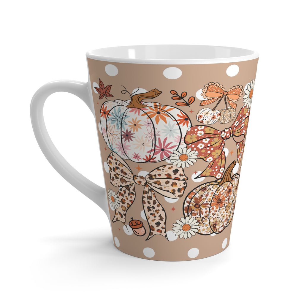 Flower Pumpkin and Dots Latte Mug for Coffee Lovers | Cute Coquette Bow Halloween & Fall Floral Design
