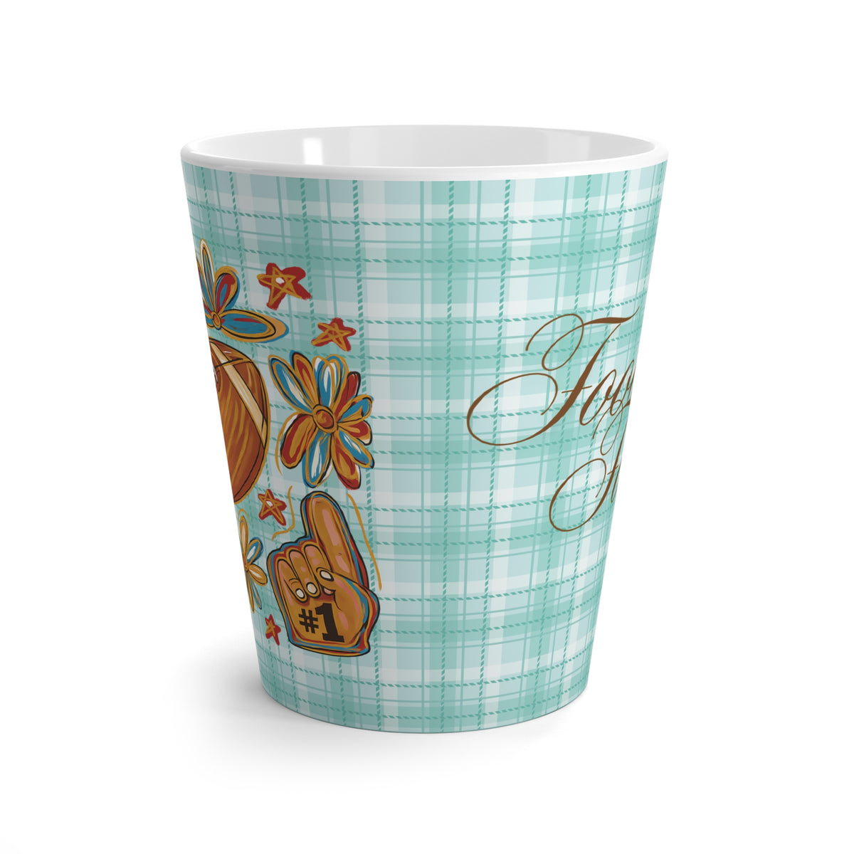 Charming Cyan Plaid Latte Mug for Football Fans, Cheerful Mug for Game Days, Coffee Lover's Gift, Coquette Bow, Celebrate Football Season