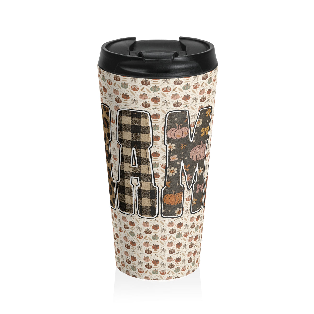 MAMA Pumpkin Pattern Autumn Harvest Travel Mug, Patchwork Varsity Mama, Cozy Fall Drinkware, Thanksgiving Gift, Coffee Cup, Tumbler