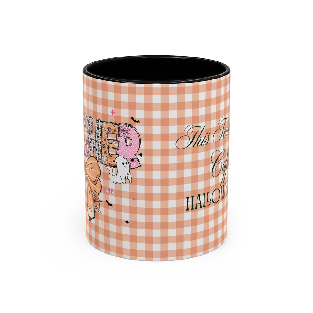 This Teacher Runs on Coffee & Halloween Candy, Cozy Plaid Quilt Style Letters Coffee Cup, Gift for Teacher Appreciation, Back to School