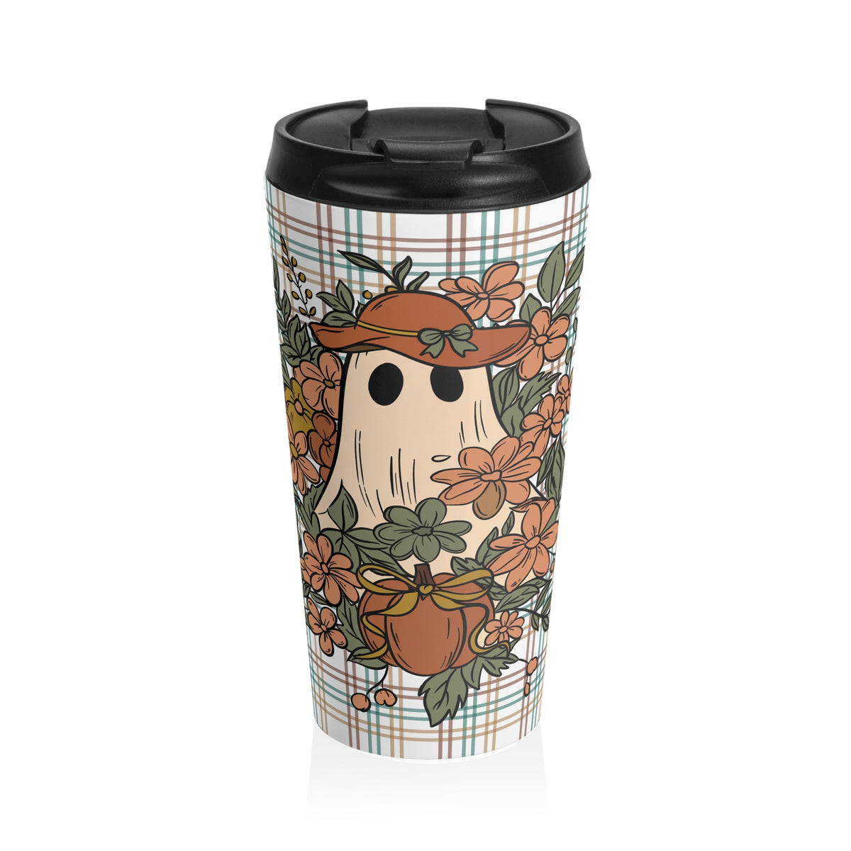 Halloween Boo-Jee Ghost Floral Plaid Autumn Vibes Stainless Steel Travel Mug, Cute Ghost Mug, Fall-Themed Coffee Cup, Pumpkin Spice