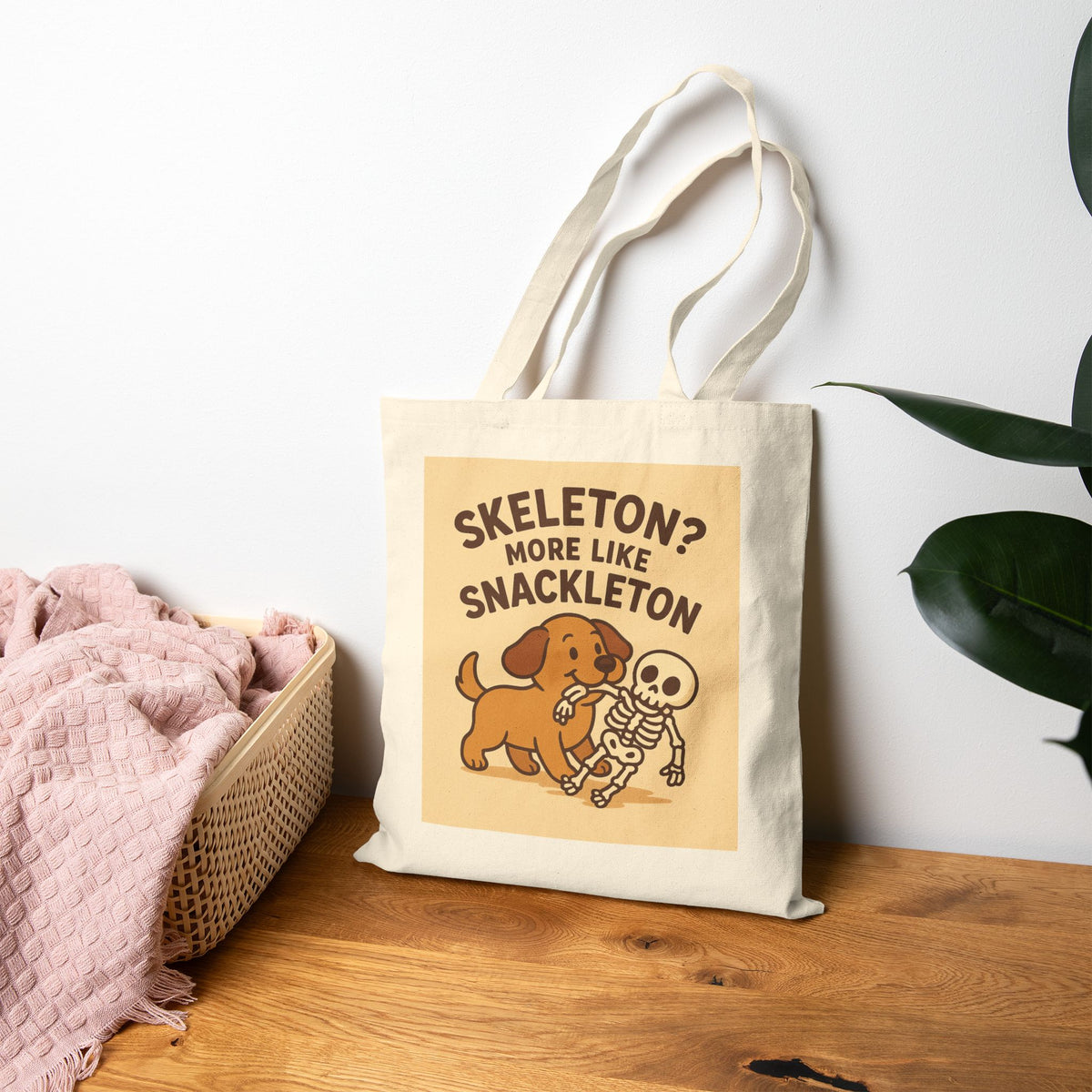 Funny Halloween Cotton Trick or Treat Tote Bag, Cute Dog & Skeleton Tote, Fall Shopping Bag, Spooky Season Accessory 15x16"