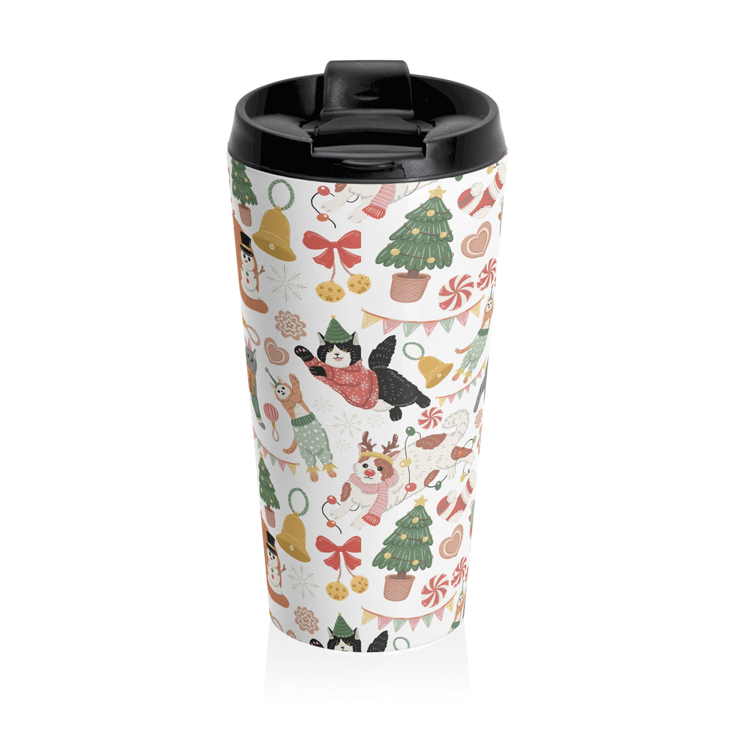 Christmas Cats Pajama Party Travel Mug | Winter Holiday Trees, Ornaments, Candy Cane