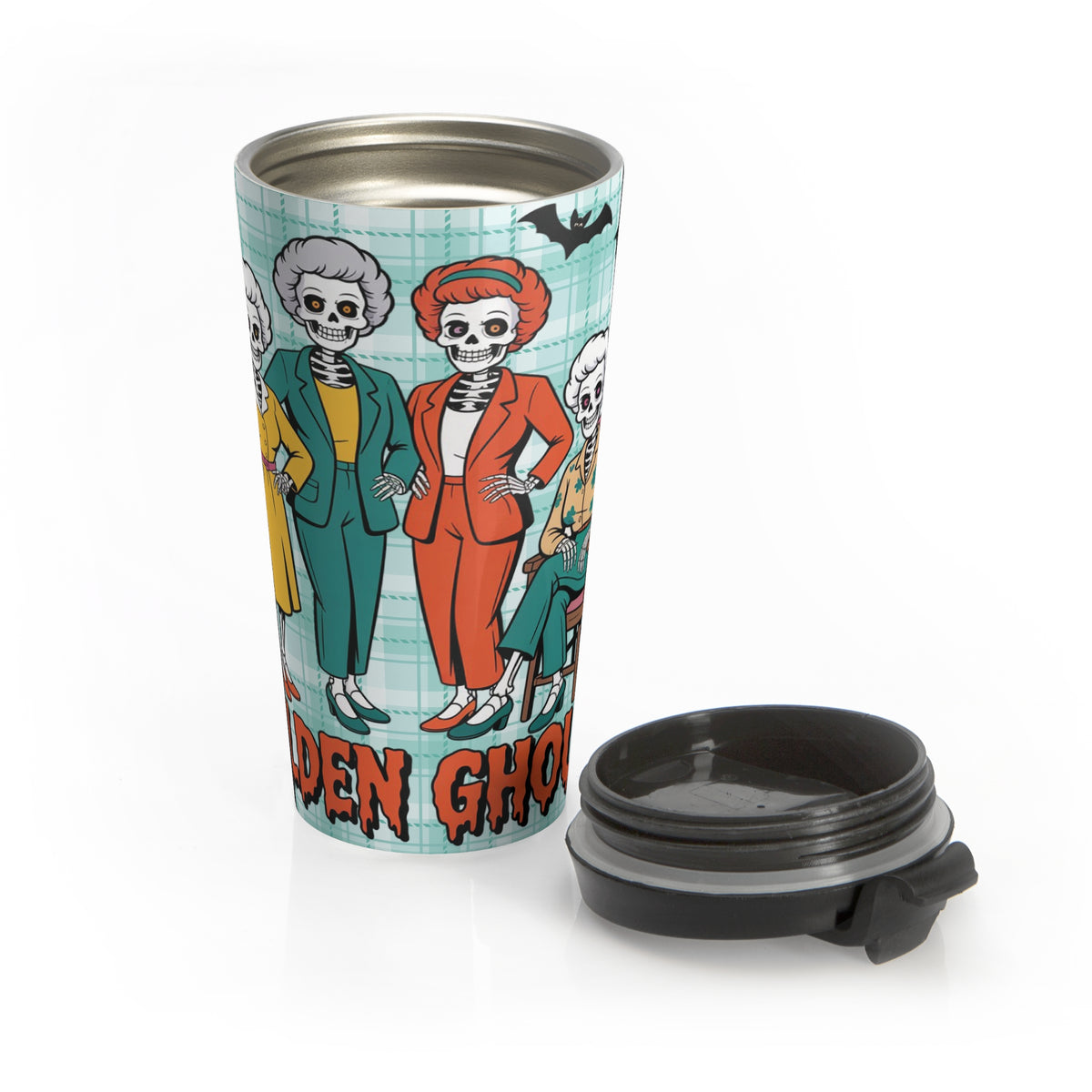 Funny Halloween "The Golden Ghouls" Cyan Plaid Travel Mug with Skeleton Design - Perfect for Halloween, Gifts, Coffee Lovers