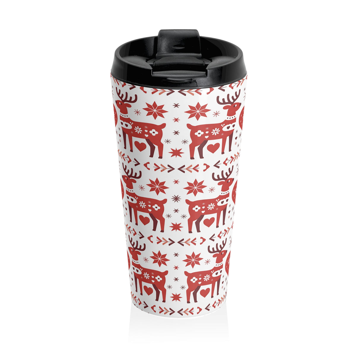 Red Scandinavian Reindeer Pattern Insulated Travel Mug | Nordic Christmas Mug