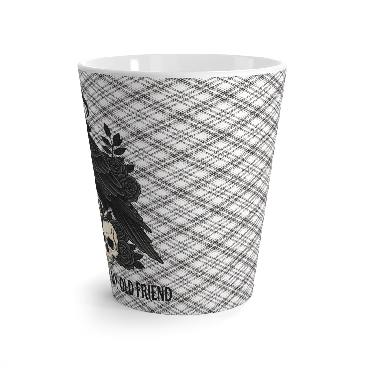 Halloween Gothic Raven "Hello Darkness My Old Friend," Halloween Gift, Black Plaid Coffee Cup for Friends, Fall Decor, Spooky Vibes