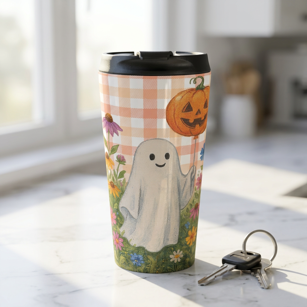 Cute Ghost Pumpkin Travel Mug | Autumn Plaid Floral Stainless Steel