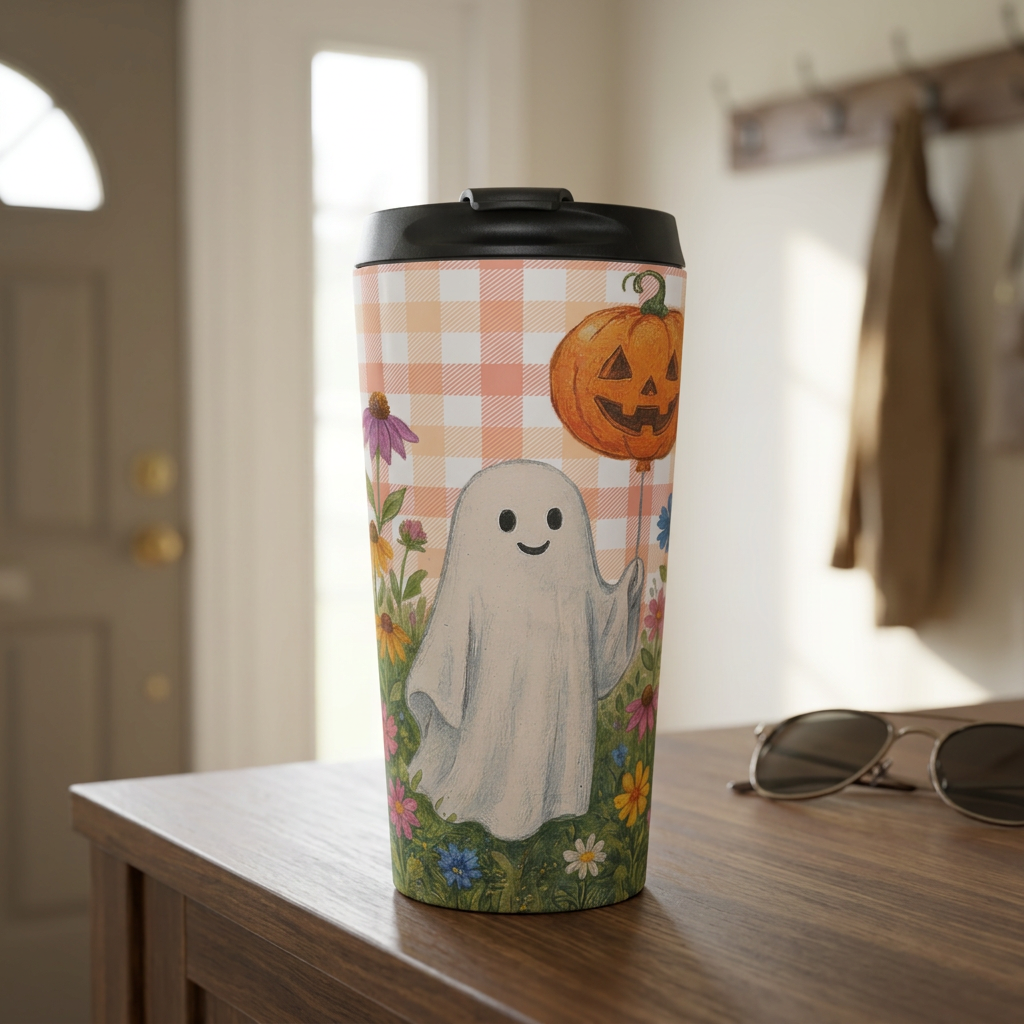 Cute Ghost Pumpkin Travel Mug | Autumn Plaid Floral Stainless Steel