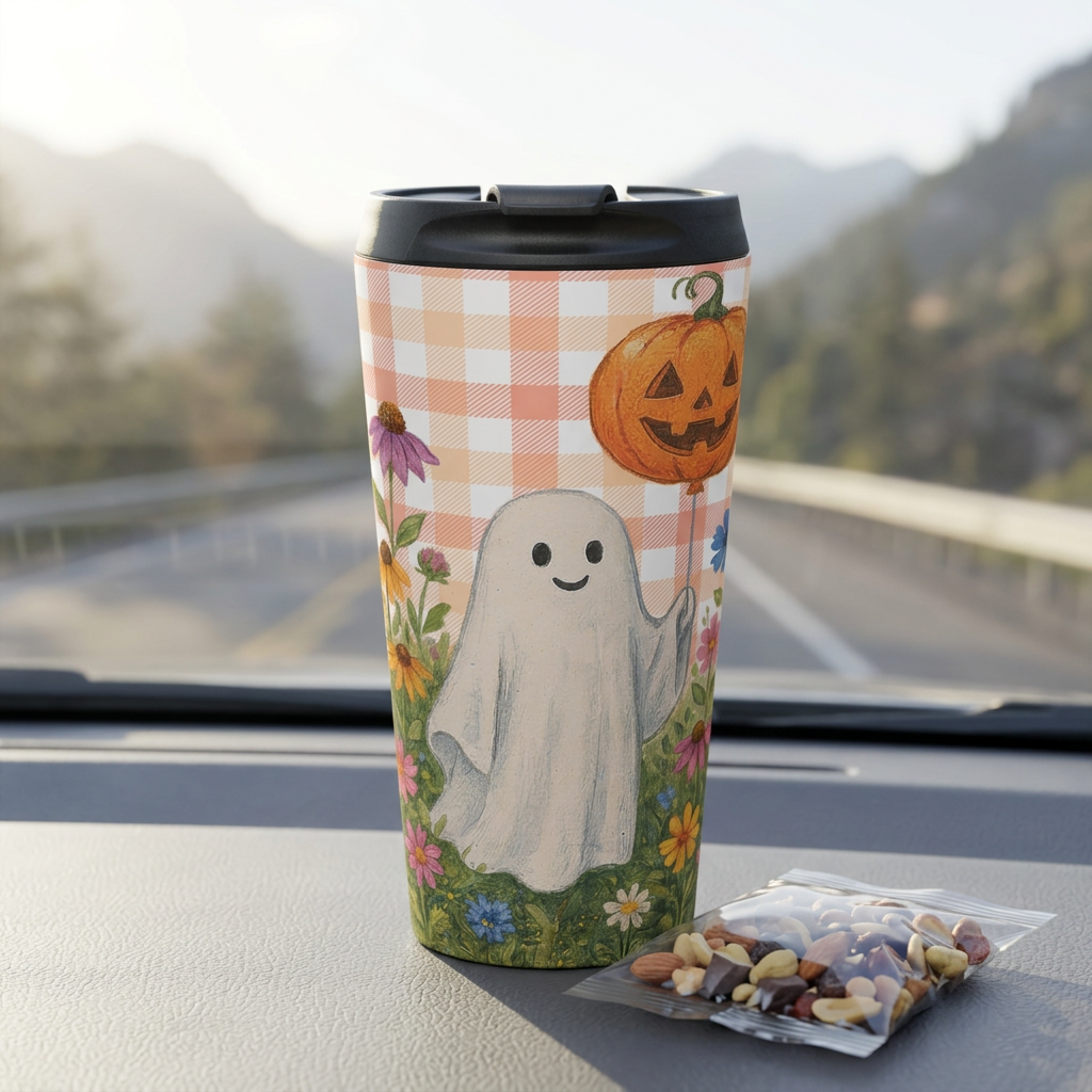 Cute Ghost Pumpkin Travel Mug | Autumn Plaid Floral Stainless Steel