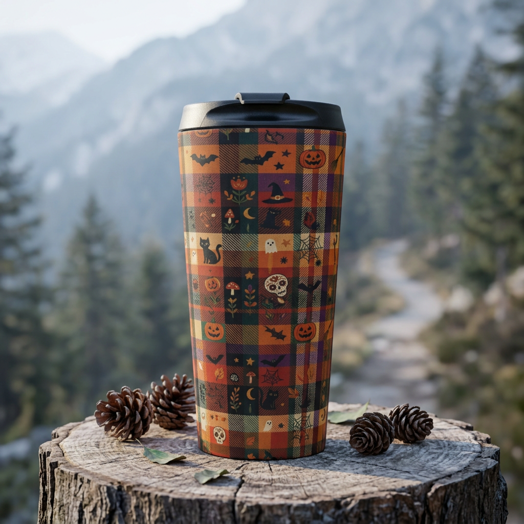 Halloween Plaid Travel Mug | Pumpkins, Cats, Bats & Skulls