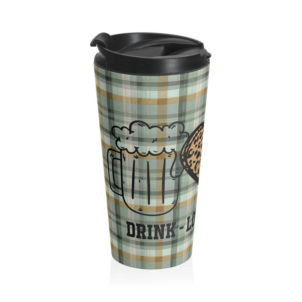 Green Bay Packers Football Fan Green Plaid "Drink, Love, Packers" Stainless Steel Travel Mug, Sports Team Gift, Game Day Tailgating Gear