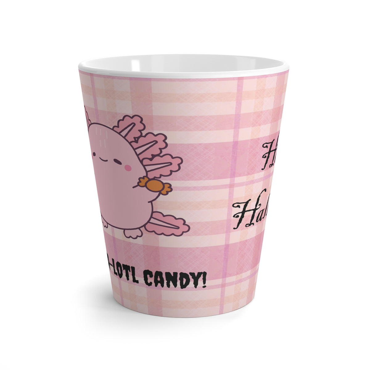 Cute Halloween Axolotl and Pink Plaid Latte Mug, Perfect for Cozy October Mornings